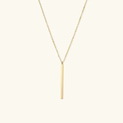 A stylish Allison Gold Bar Necklace with a 14k gold-plated pendant on a delicate chain, perfect for elegant everyday wear.