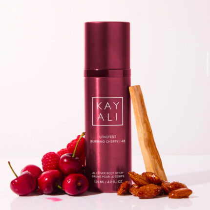 Kayali Body Spray in Lovefest Burning Cherry, a rich cherry and praline-scented mist with warm woody notes