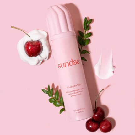 Sundae Cherry on Top whipped shower foam with playful red and pink packaging and a juicy cherry scent