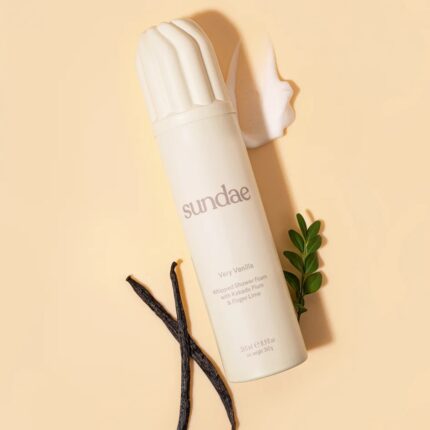 Sundae Very Vanilla whipped shower foam in pastel swirl packaging with a soft vanilla scent