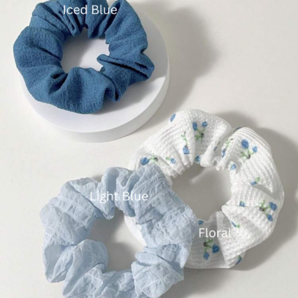 Textured iced blue scrunchy with soft ribbed fabric and gathered design