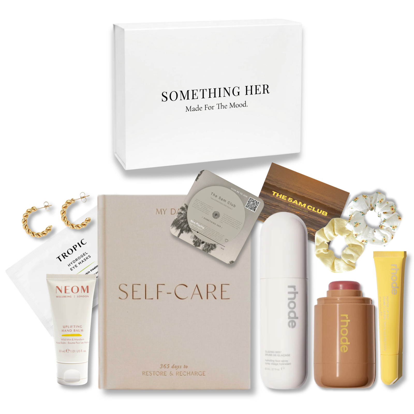 SUMMER DROP - 5am Club The 5am Club gift box with self-care, Rhode beauty, Neom hand cream, Tropic mask, scrunchies and earrings.