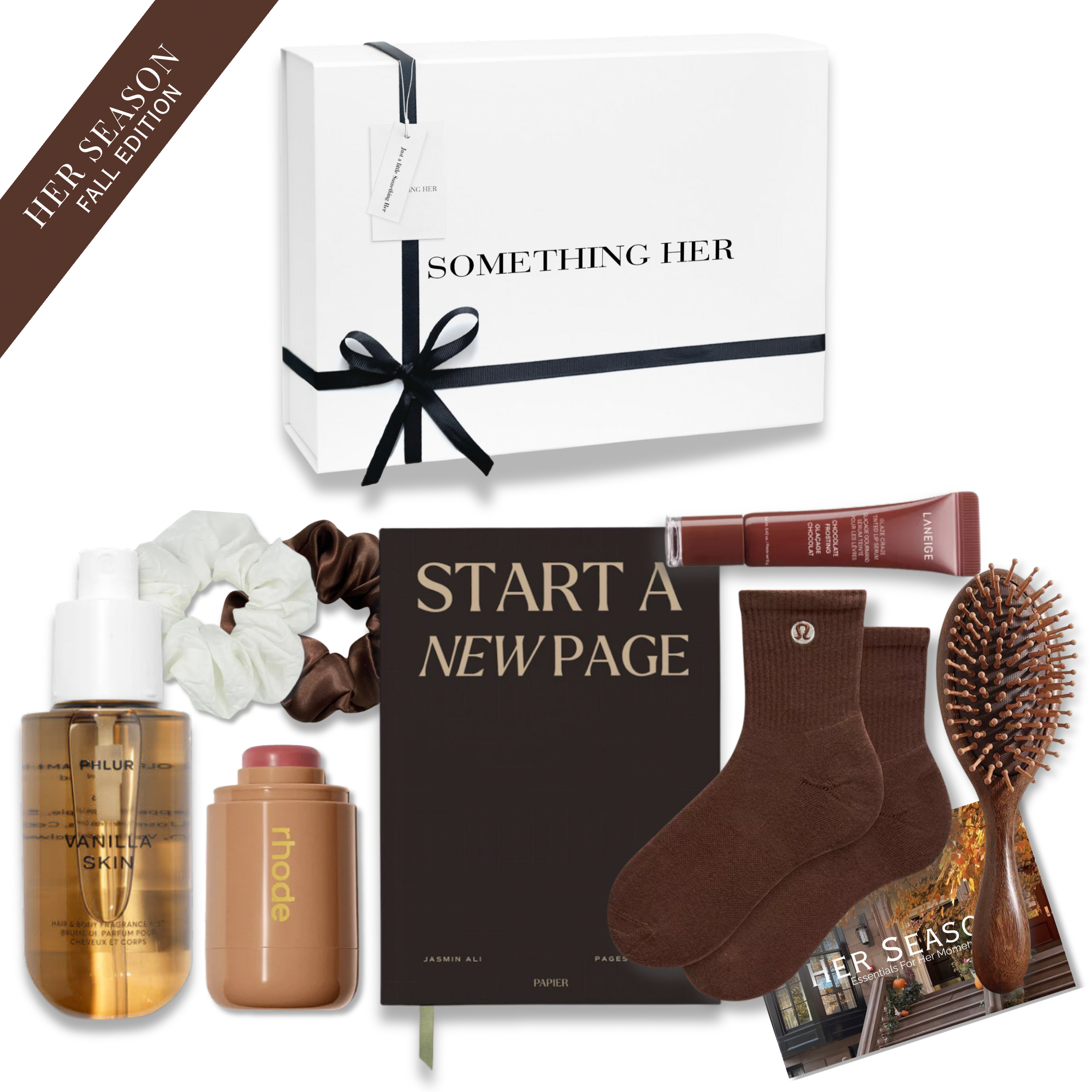 Her Season gift box fall edition with Phlur, Rhode, Laneige, Papier, Lululemon, and accessories