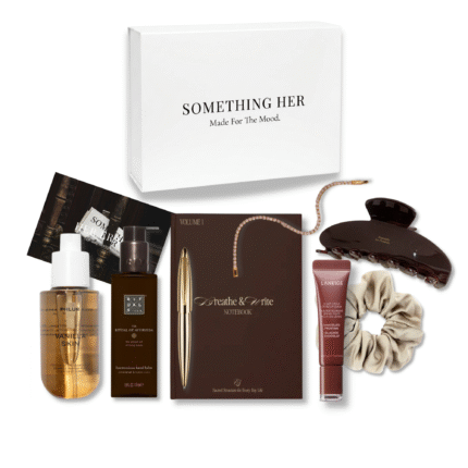 Her Era self care gift box with beauty products, silk scrunchy, claw clip, notebook and bracelet.