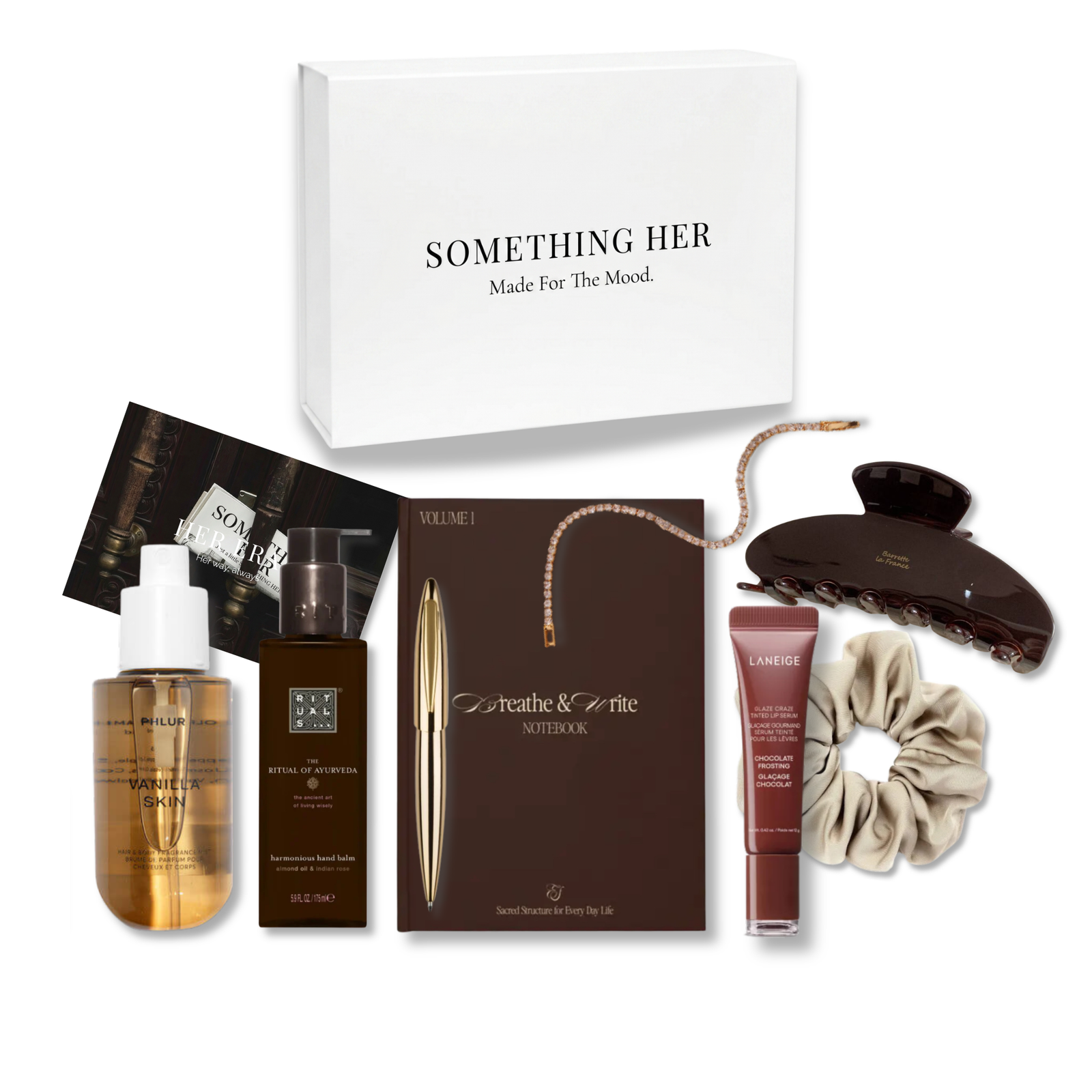SUMMER DROP - Her Era Her Era self care gift box with beauty products, silk scrunchy, claw clip, notebook and bracelet.