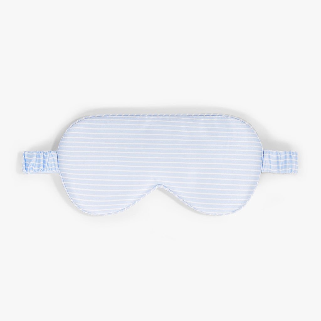 IMG_0943 Dore Rose silk sleep eye mask in blue stripe for comfortable and restful sleep.