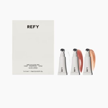 Refy Mini Lip Gloss Trio featuring Clear, Rosewood, and Topaz shades for a glossy lip finish.What’s Included