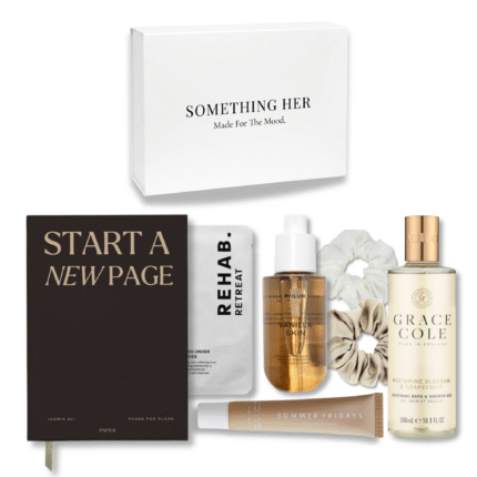 The Quiet Retreat Rest & Reset Gift Box by Something Her featuring Phlur Vanilla Skin, Summer Fridays, Grace Cole, Rehab Retreat eye patches and a Papier notebook.