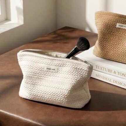 Cream woven boho makeup bag for cosmetics, skincare and travel essentials