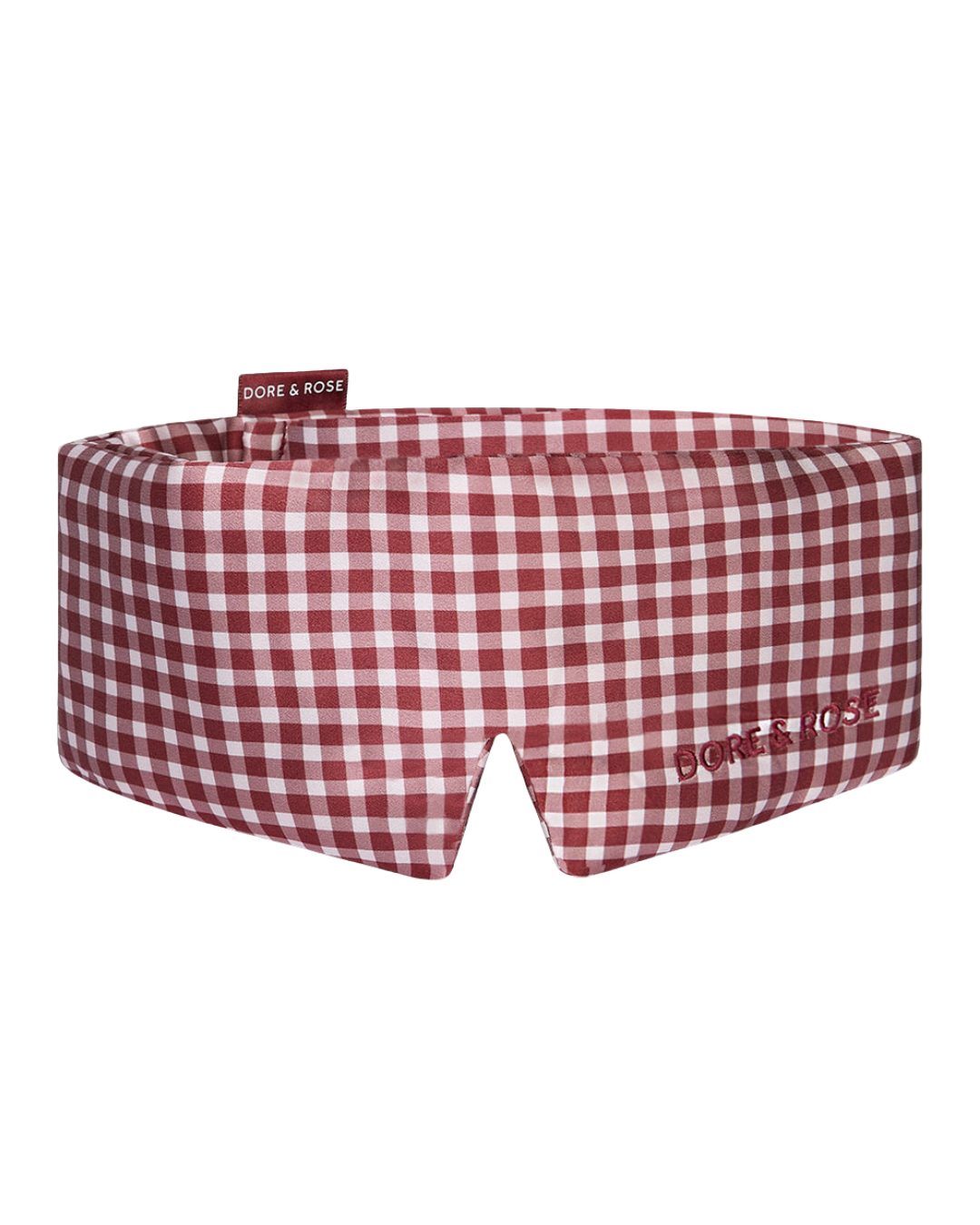 Product pictures for Her Box website Dore & Rose Deep Sleep Eye Mask in Nº 50 Bordeaux Héritage Plaid print