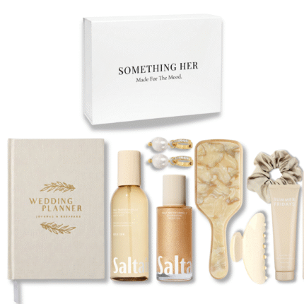 Pearl & Veil wedding gift box with wedding planner, pearl earrings, Saltair vanilla body care and beauty accessories