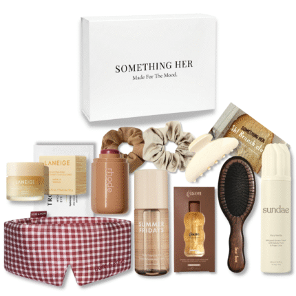 SH! Brunch Club gift box with vanilla beauty products, Dore & Rose sleep mask and cosy hair accessories
