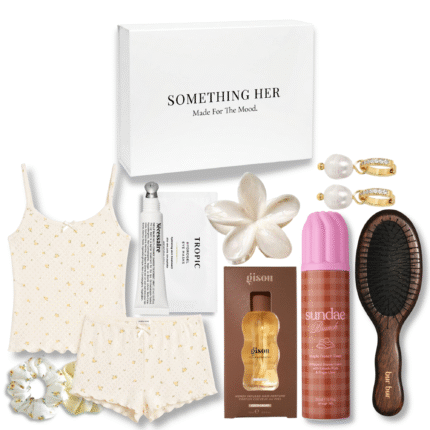 Meadowscape gift box with Dore & Rose sleepwear, Gisou hair perfume, Sundae shower foam and floral accessories