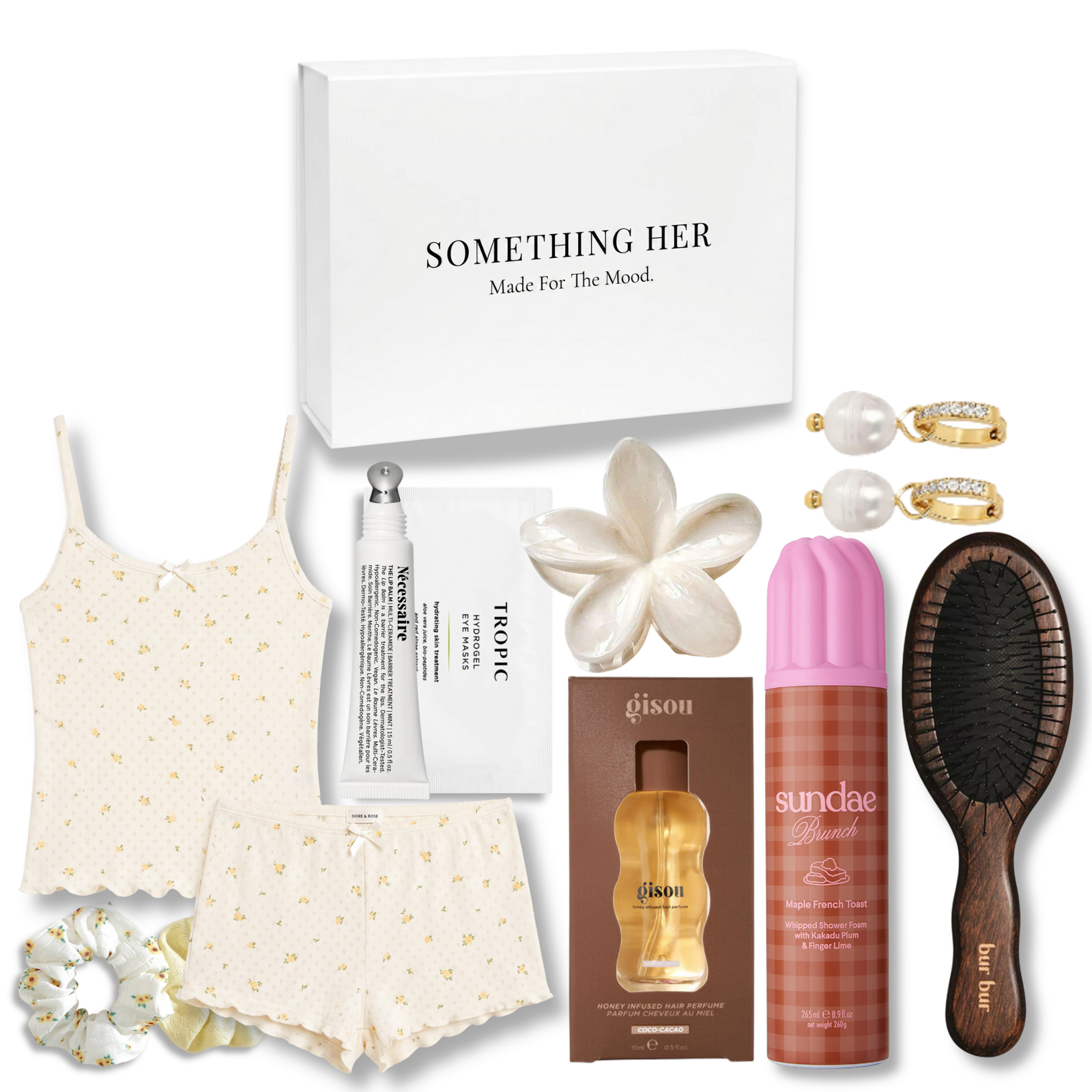 SUMMER DROP Meadowscape gift box with Dore & Rose sleepwear, Gisou hair perfume, Sundae shower foam and floral accessories